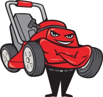 Illustration of lawn mower man smiling standing with arms folded facing front done in cartoon style on isolated white background.